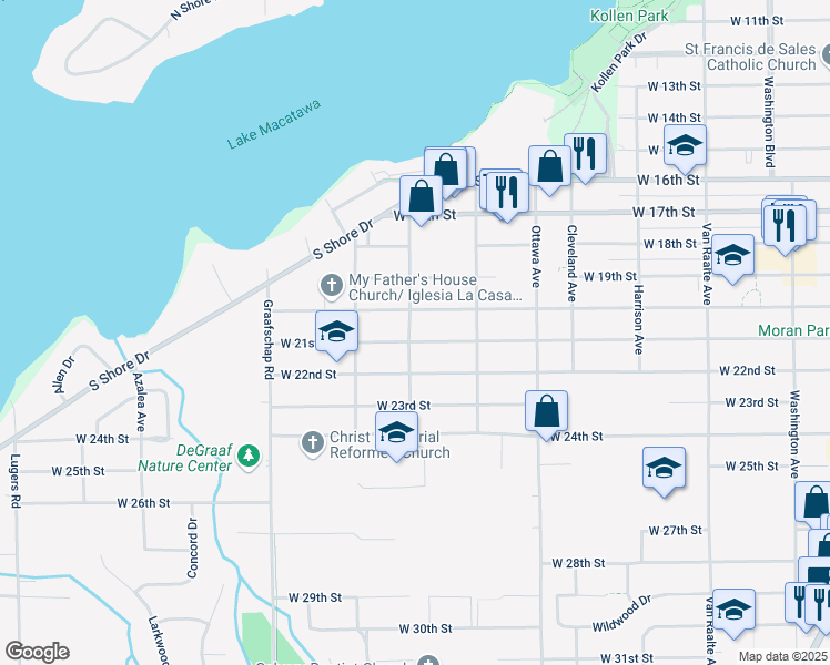 map of restaurants, bars, coffee shops, grocery stores, and more near 533 West 21st Street in Holland