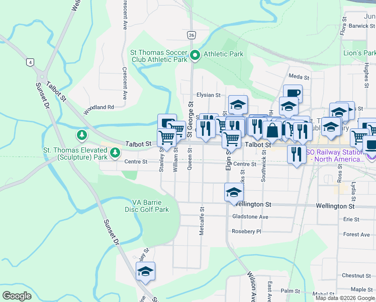 map of restaurants, bars, coffee shops, grocery stores, and more near 10 Queen Street in St. Thomas