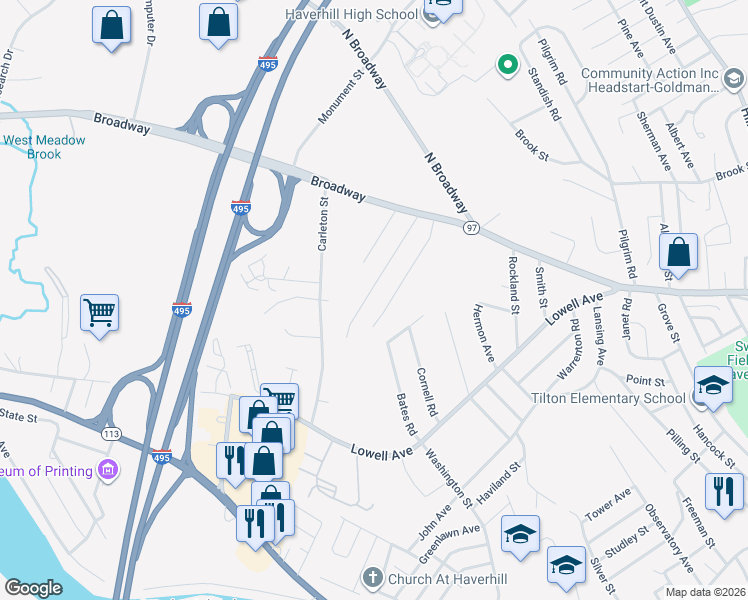 map of restaurants, bars, coffee shops, grocery stores, and more near 73 Wheeler Avenue in Haverhill