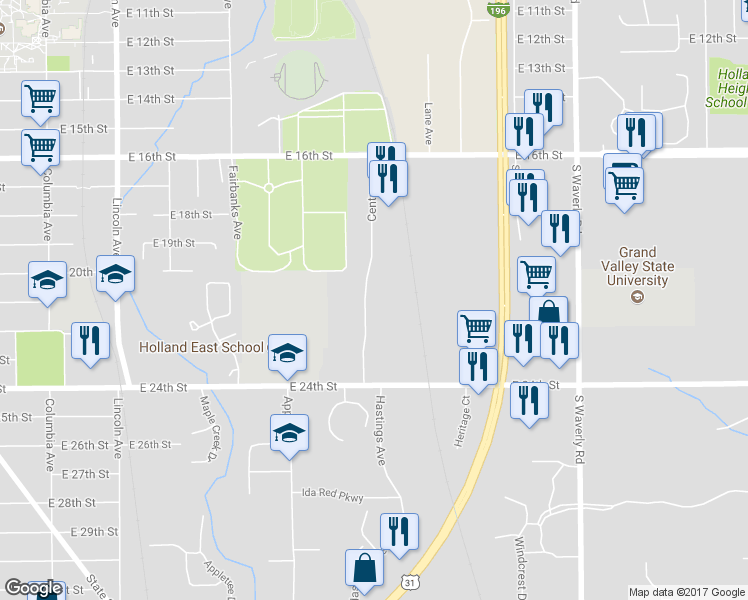 map of restaurants, bars, coffee shops, grocery stores, and more near 507 Century Lane in Holland