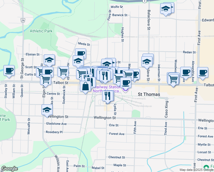 map of restaurants, bars, coffee shops, grocery stores, and more near 664 Talbot Street in St. Thomas
