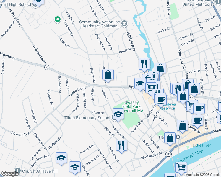 map of restaurants, bars, coffee shops, grocery stores, and more near 94 Broadway in Haverhill