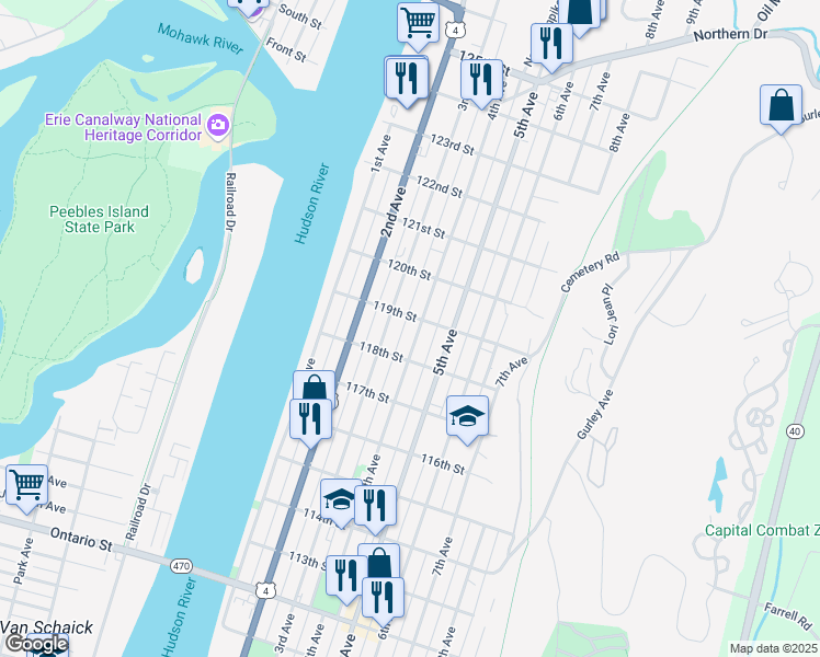 map of restaurants, bars, coffee shops, grocery stores, and more near 687 4th Avenue in Troy