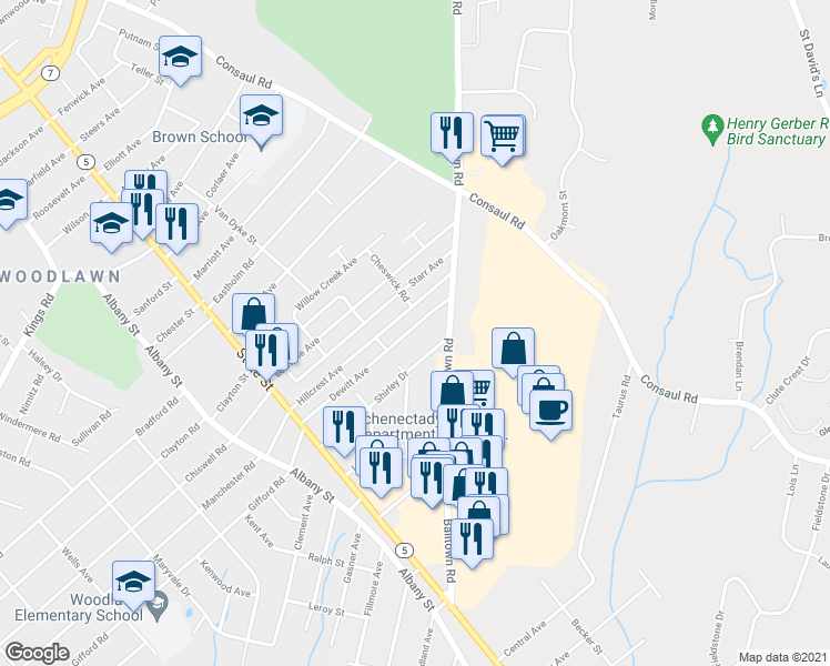 map of restaurants, bars, coffee shops, grocery stores, and more near 126 Dewitt Avenue in Schenectady