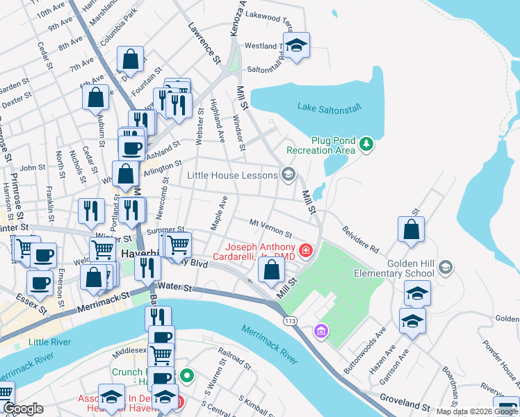 map of restaurants, bars, coffee shops, grocery stores, and more near 84 Chestnut Street in Haverhill
