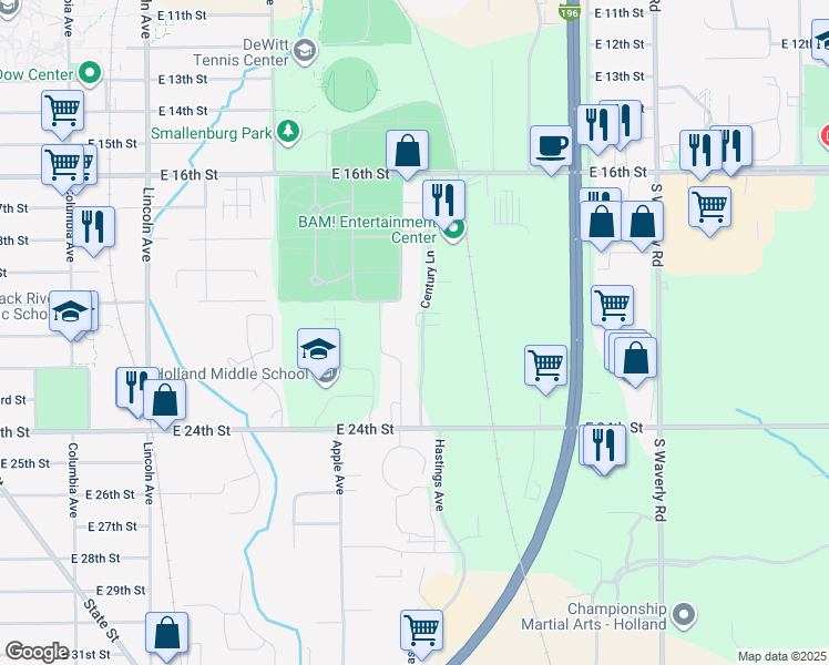 map of restaurants, bars, coffee shops, grocery stores, and more near 508 Century Lane in Holland