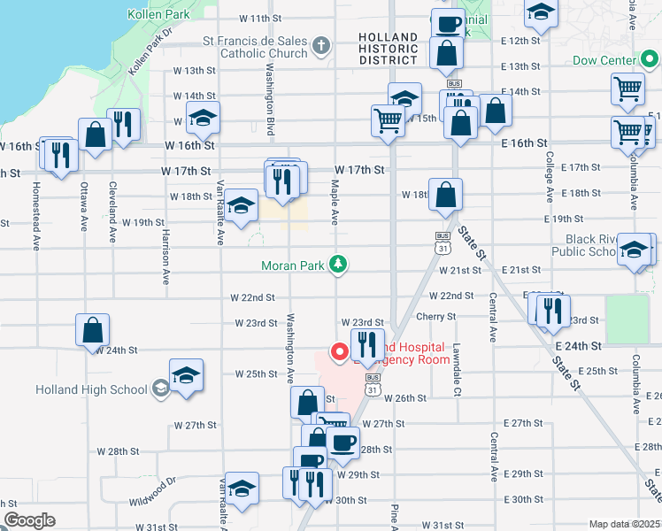 map of restaurants, bars, coffee shops, grocery stores, and more near 167 West 21st Street in Holland