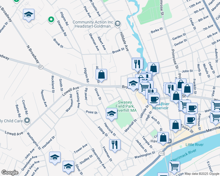 map of restaurants, bars, coffee shops, grocery stores, and more near 78 Broadway in Haverhill