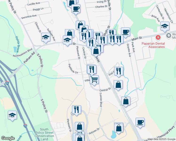 map of restaurants, bars, coffee shops, grocery stores, and more near Central Street in Salem