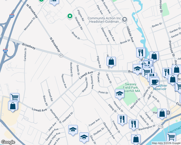 map of restaurants, bars, coffee shops, grocery stores, and more near 8 Lowell Avenue in Haverhill