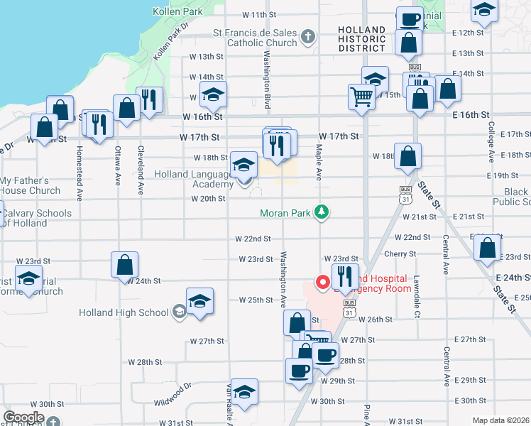 map of restaurants, bars, coffee shops, grocery stores, and more near 235 W 21st St in Holland