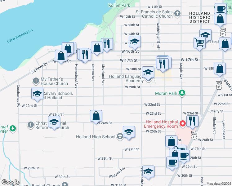 map of restaurants, bars, coffee shops, grocery stores, and more near 389 West 21st Street in Holland