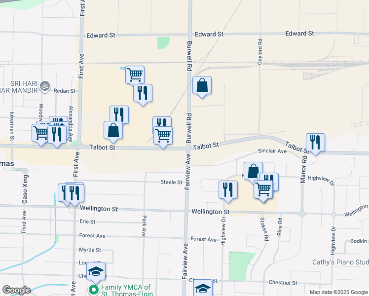 map of restaurants, bars, coffee shops, grocery stores, and more near 1022-1030 Talbot Street in St. Thomas