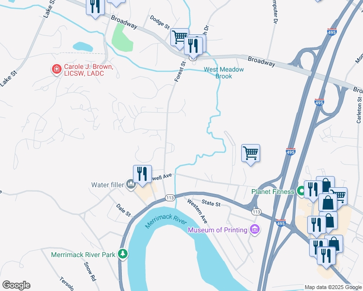 map of restaurants, bars, coffee shops, grocery stores, and more near 1 Briarwood Road in Haverhill