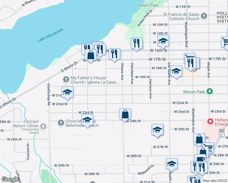 map of restaurants, bars, coffee shops, grocery stores, and more near 465 West 21st Street in Holland