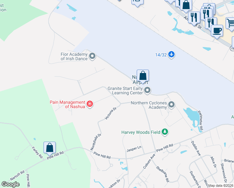 map of restaurants, bars, coffee shops, grocery stores, and more near 33 Indian Rock Road in Nashua