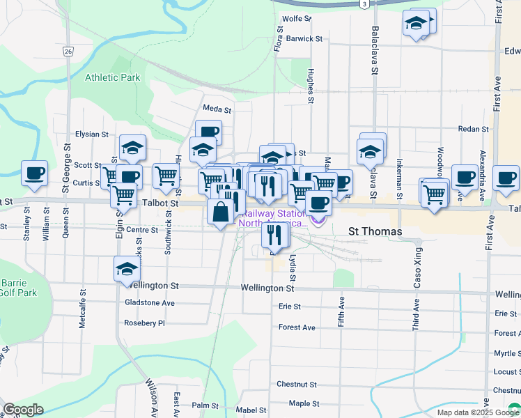 map of restaurants, bars, coffee shops, grocery stores, and more near 664 Talbot Street in St. Thomas