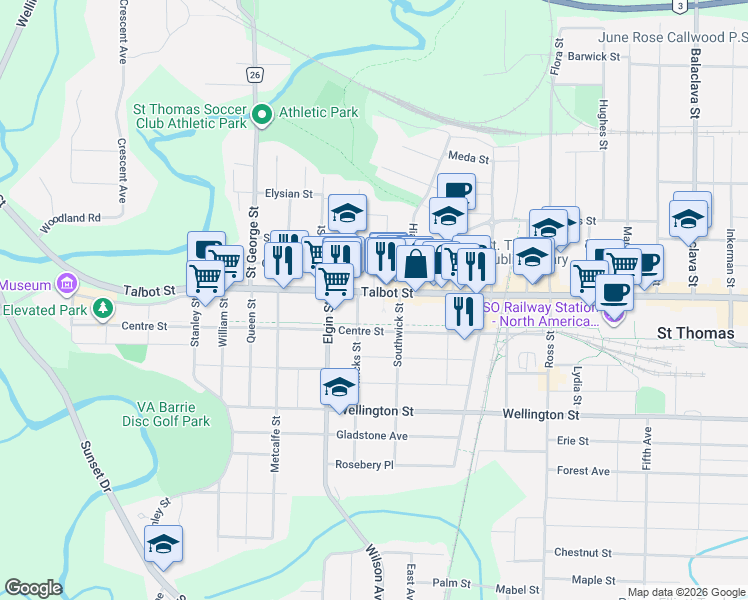map of restaurants, bars, coffee shops, grocery stores, and more near 420 Talbot Street in Saint Thomas