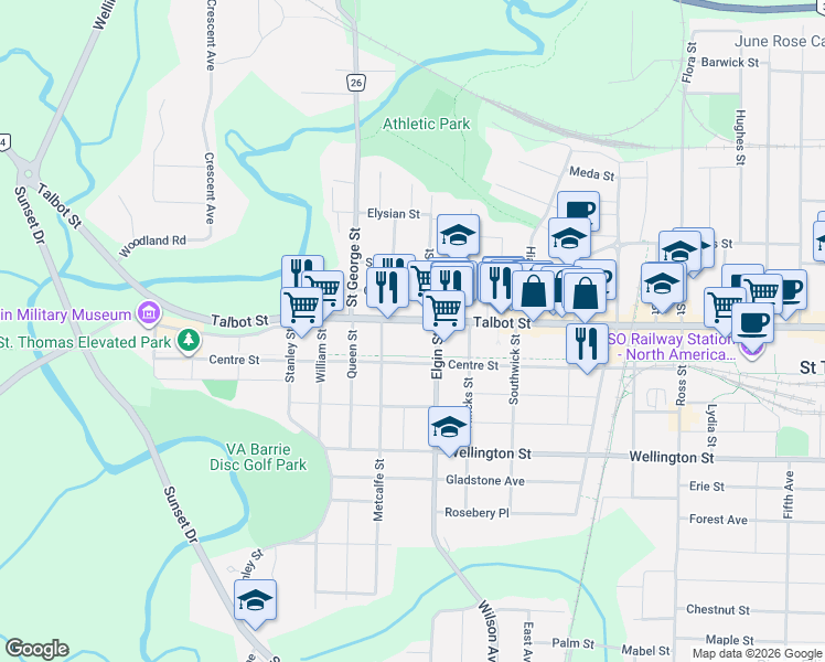 map of restaurants, bars, coffee shops, grocery stores, and more near 330 Talbot Street in Saint Thomas