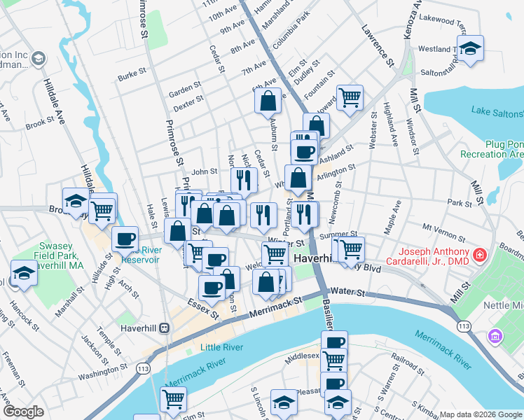 map of restaurants, bars, coffee shops, grocery stores, and more near 3 Dustin Street in Haverhill