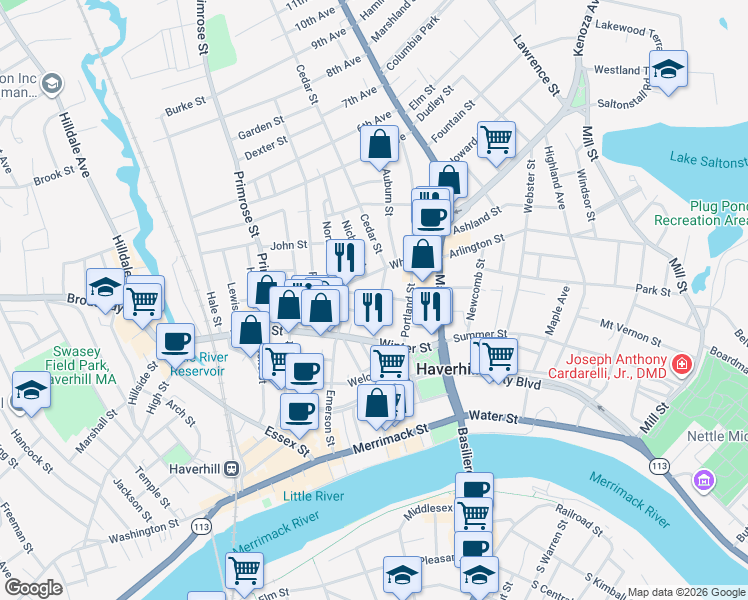 map of restaurants, bars, coffee shops, grocery stores, and more near 22 Vine Street in Haverhill