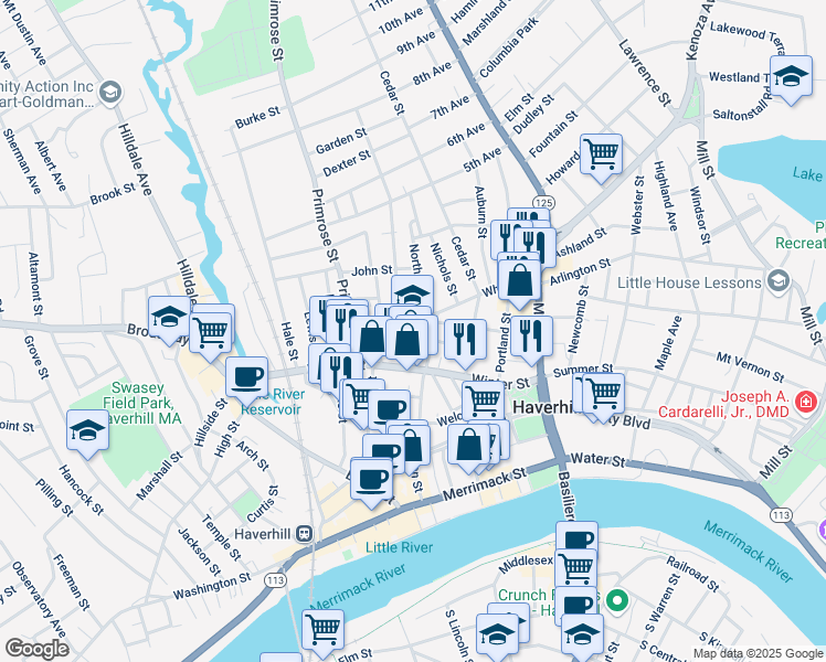 map of restaurants, bars, coffee shops, grocery stores, and more near 1 William Street in Haverhill