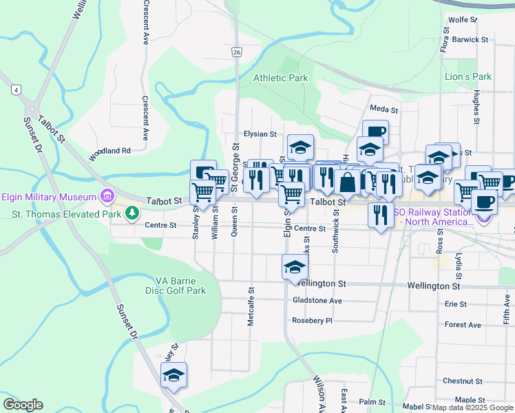 map of restaurants, bars, coffee shops, grocery stores, and more near 330 Talbot Street in St. Thomas