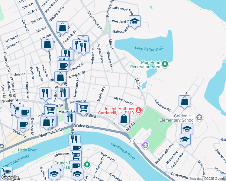 map of restaurants, bars, coffee shops, grocery stores, and more near 84 Chestnut Street in Haverhill