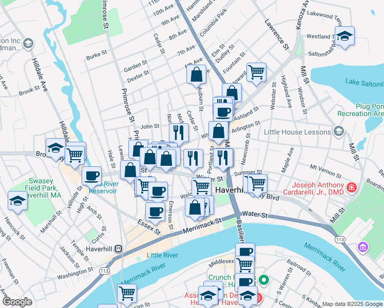 map of restaurants, bars, coffee shops, grocery stores, and more near 3 Dustin Street in Haverhill
