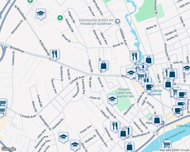 map of restaurants, bars, coffee shops, grocery stores, and more near 130 Broadway in Haverhill