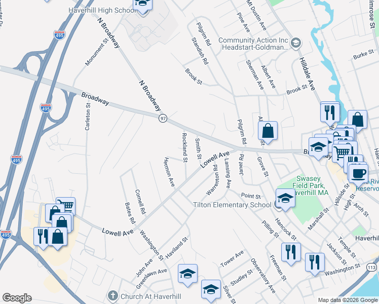 map of restaurants, bars, coffee shops, grocery stores, and more near 36 Rockland Street in Haverhill