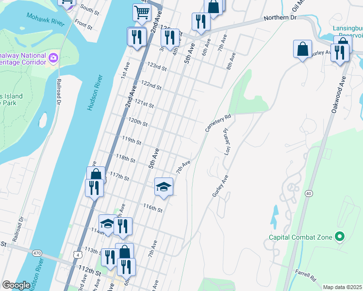map of restaurants, bars, coffee shops, grocery stores, and more near 39 119th Street in Troy
