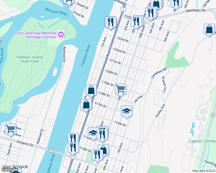 map of restaurants, bars, coffee shops, grocery stores, and more near 678 3rd Avenue in Troy