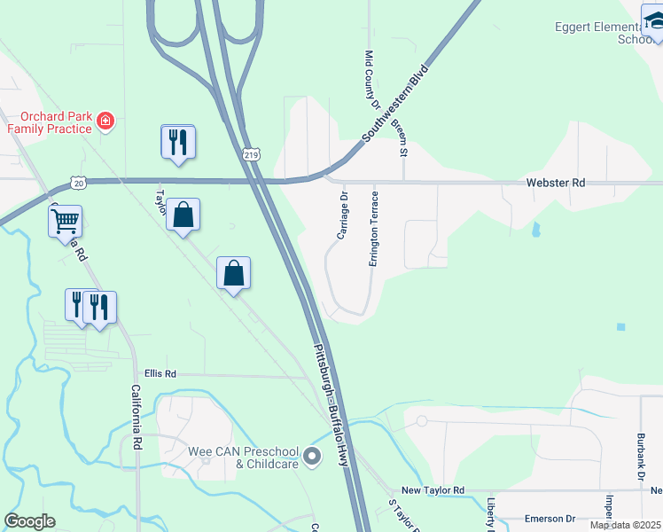 map of restaurants, bars, coffee shops, grocery stores, and more near 75 Carriage Drive in Orchard Park