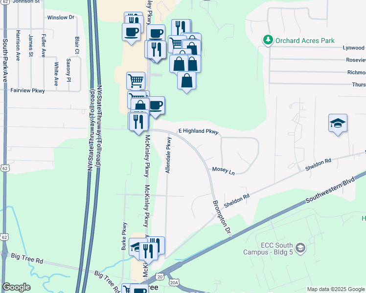 map of restaurants, bars, coffee shops, grocery stores, and more near 4607 Brompton Drive in Blasdell