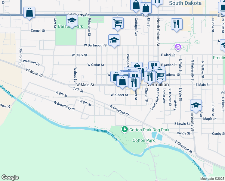 map of restaurants, bars, coffee shops, grocery stores, and more near 15 Austin Street in Vermillion