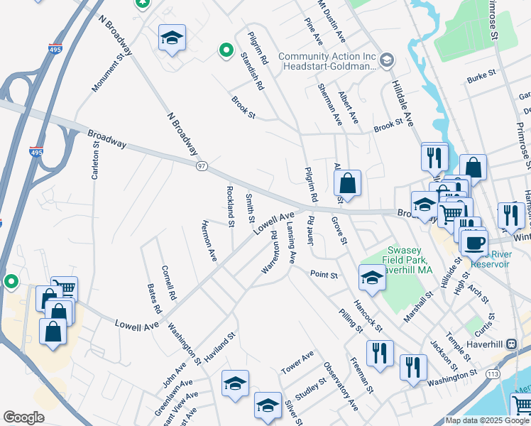 map of restaurants, bars, coffee shops, grocery stores, and more near 31 Lowell Avenue in Haverhill