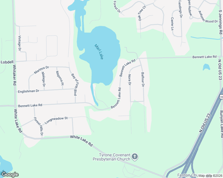 map of restaurants, bars, coffee shops, grocery stores, and more near 10201 Bennett Lake Road in Fenton