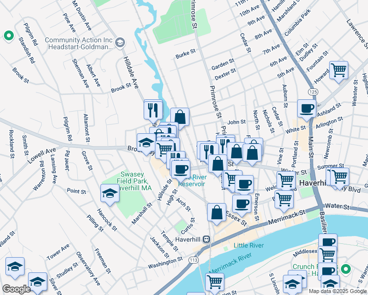 map of restaurants, bars, coffee shops, grocery stores, and more near 30 Stevens St in Haverhill