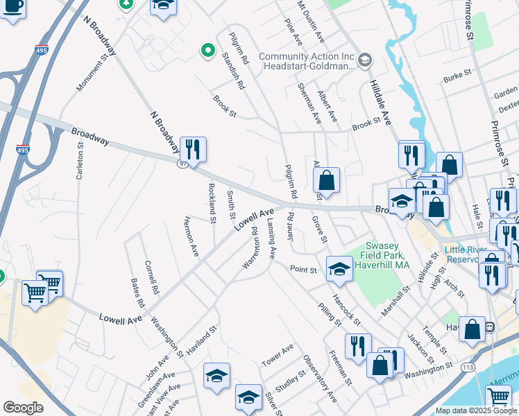 map of restaurants, bars, coffee shops, grocery stores, and more near 8 Lowell Avenue in Haverhill