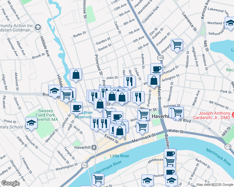 map of restaurants, bars, coffee shops, grocery stores, and more near 30 William Avenue in Haverhill