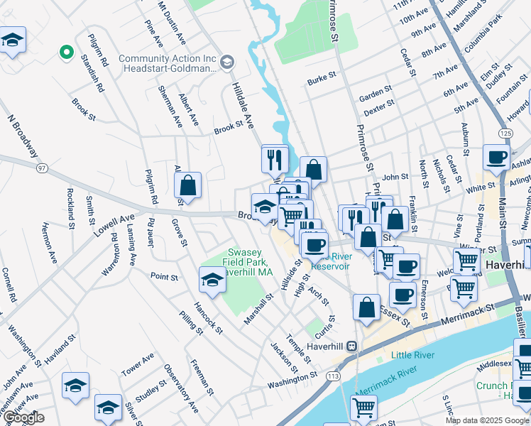 map of restaurants, bars, coffee shops, grocery stores, and more near 15 Broadway in Haverhill