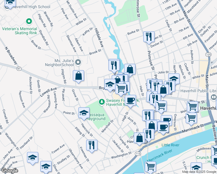 map of restaurants, bars, coffee shops, grocery stores, and more near 21 Broadway in Haverhill