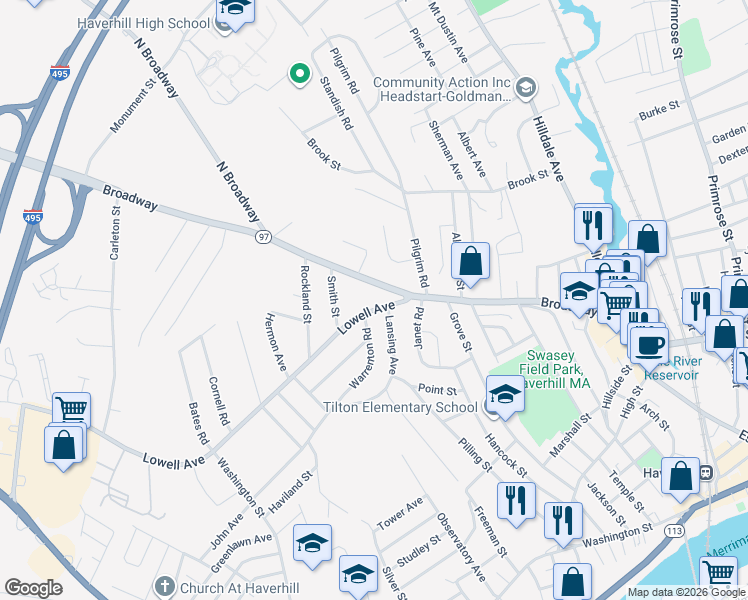 map of restaurants, bars, coffee shops, grocery stores, and more near 8 Lowell Avenue in Haverhill