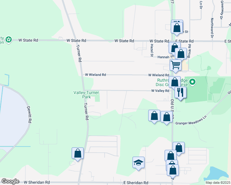 map of restaurants, bars, coffee shops, grocery stores, and more near 1393 West Valley Road in Lansing