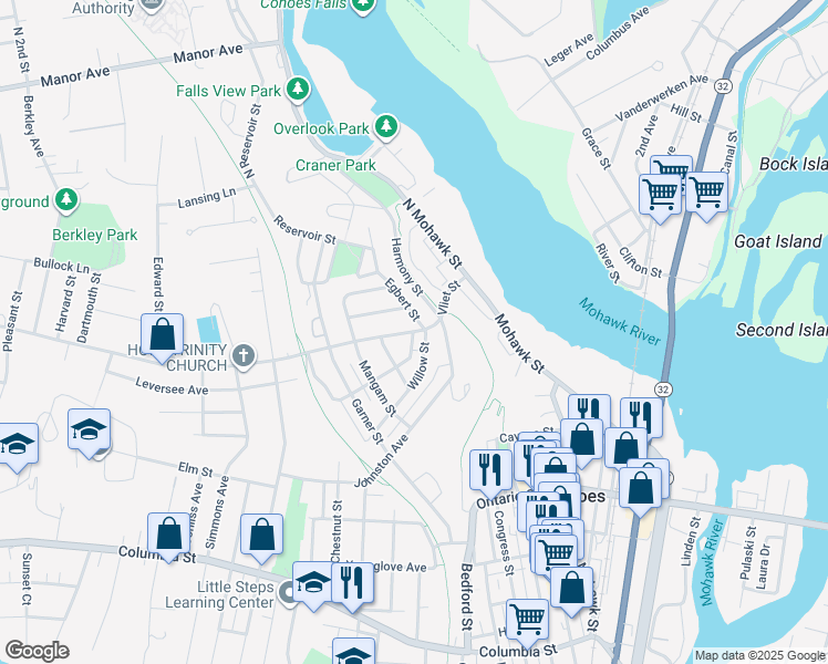 map of restaurants, bars, coffee shops, grocery stores, and more near 26 Vliet Street in Cohoes