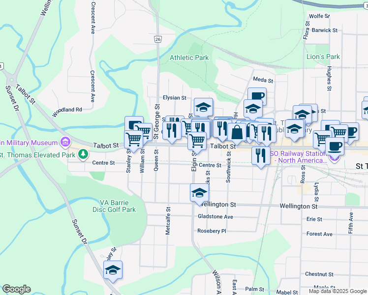 map of restaurants, bars, coffee shops, grocery stores, and more near 330 Talbot Street in St. Thomas