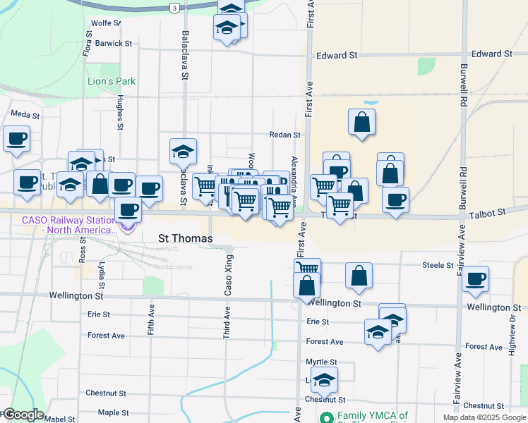 map of restaurants, bars, coffee shops, grocery stores, and more near 1010 Talbot Street in St. Thomas