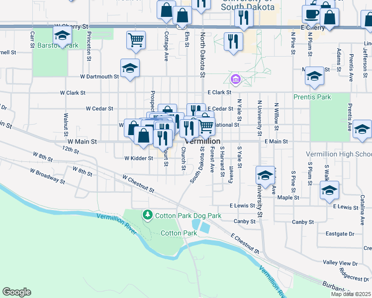 map of restaurants, bars, coffee shops, grocery stores, and more near 12 Church Street in Vermillion