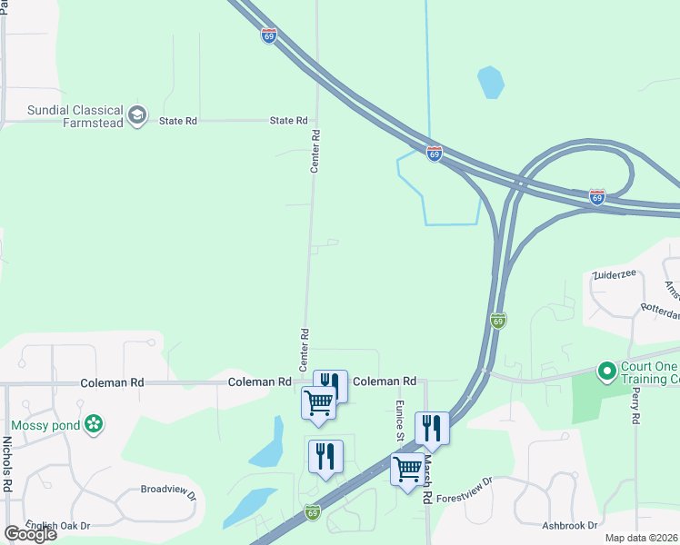 map of restaurants, bars, coffee shops, grocery stores, and more near 16441 Center Road in East Lansing